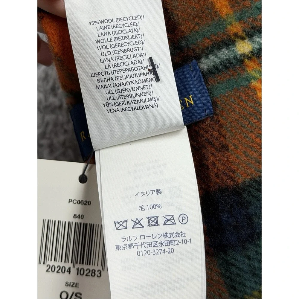 NWT Polo Ralph Lauren Wool Tartan Plaid in Orange Green Navy Scarf w Finge 72x12